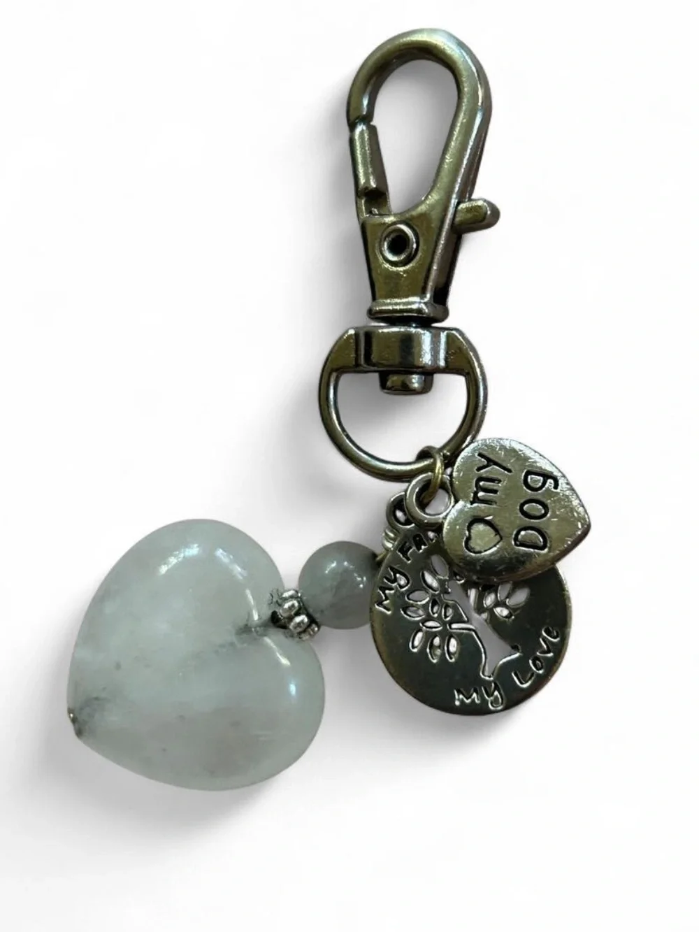 Pale Green Heart Keychain Charm with “My Love.. Dog & Family”